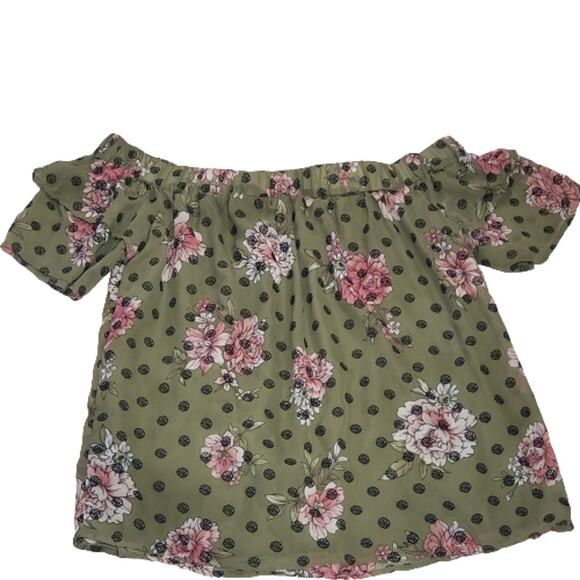 Blue Rain Off Shoulder Olive Pink Floral Lined Top Small - Picture 1 of 7
